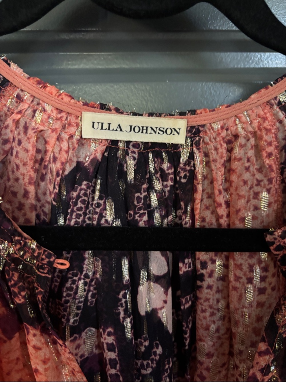 Ulla Johnson Coral and Black Floral Peasant Top w/ Gold Accents - Picture 2 of 4